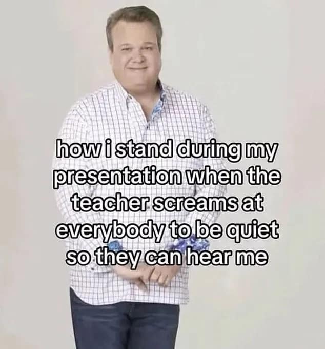 Cam from Modern Family standing politely in a plaid shirt with text about waiting for the teacher to quiet the class in an old memes template.