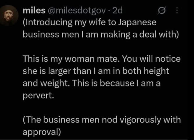 Text post describing an awkward business dinner introducing a taller wife to nodding Japanese executives in a classic meme.