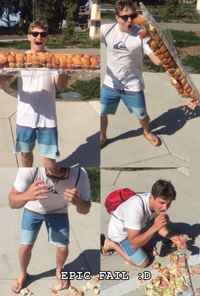 Four-panel classic 2010s photo grid of a guy dropping a six-foot party sub on the sidewalk and eating it anyway with 'EPIC FAIL :D' text in a classic meme.