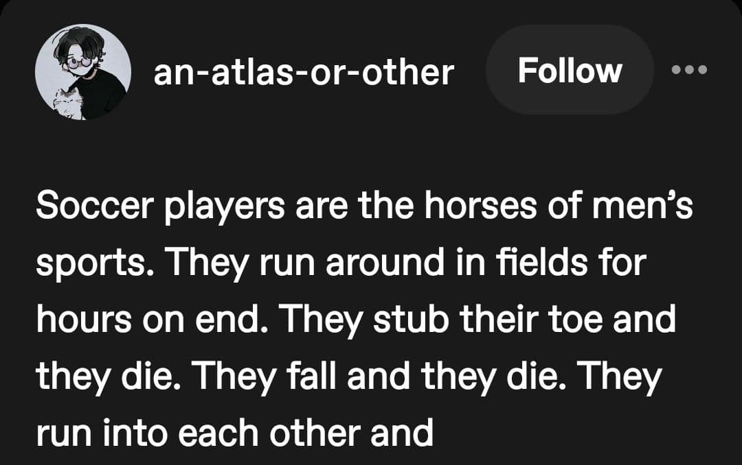 Tumblr post comparing professional soccer players to overly delicate horses galloping through open fields in a classic meme.