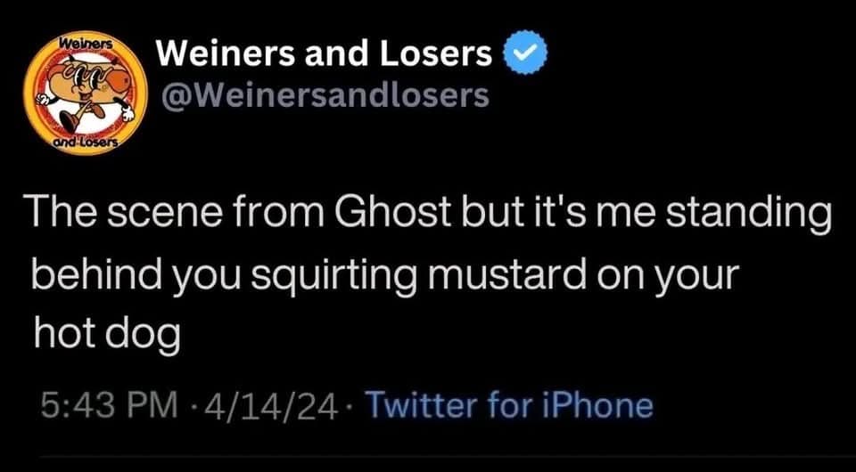 Text tweet describing a romantic Ghost pottery scene reimagined as standing behind someone adding mustard to a hot dog in a classic meme.