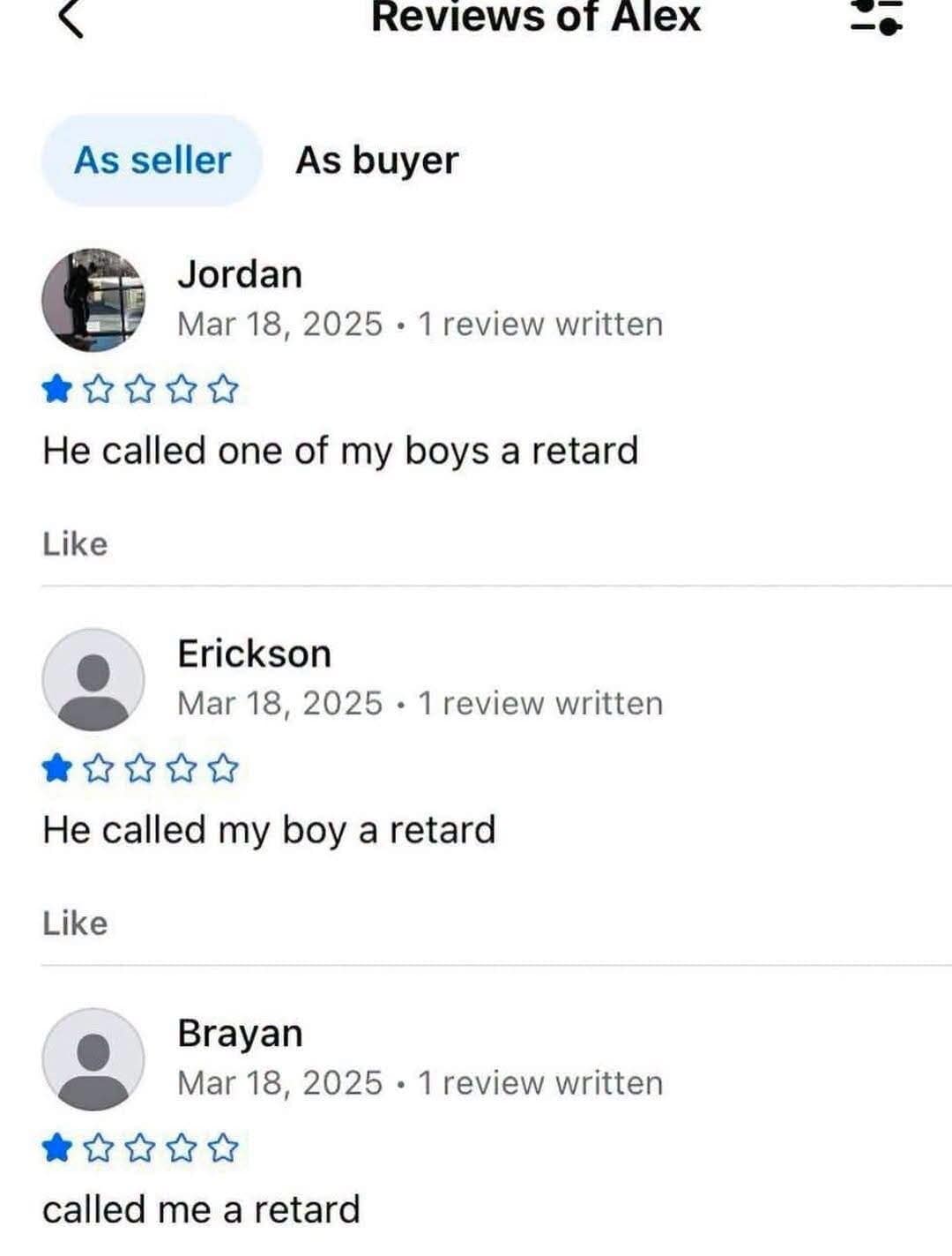 Screenshot of three consecutive 1-star marketplace reviews left by a friend group after all getting insulted by the seller, shared as one of the best memes.
