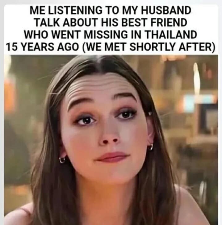 Close-up of Victoria Pedretti making a guilty facial expression while listening to her husband recount his missing best friend in a classic meme.