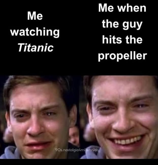 Tobey Maguire crying vs smiling face split reaction to watching Titanic in a classic meme.