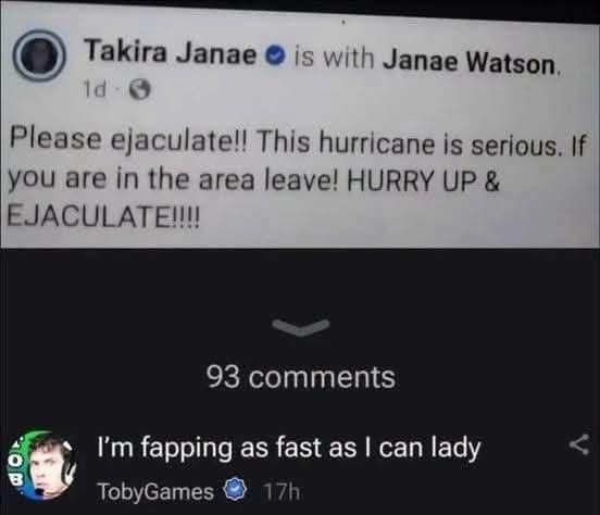 Facebook post accidentally writing 'ejaculate' instead of 'evacuate' during a hurricane warning in an old meme.
