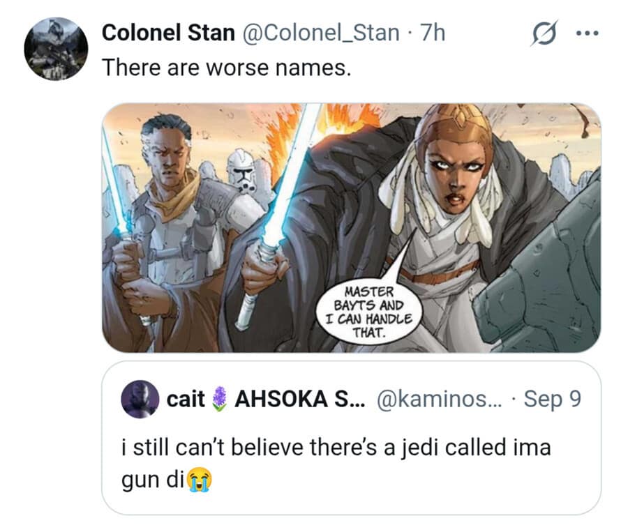 Star Wars comic panel showing a Jedi named Master Bayts paired with tweets mocking absurd Star Wars character names in an old memes screenshot.