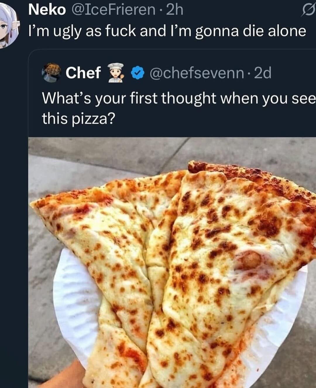 Tweet asking for thoughts on a cheesy pizza slice paired with an unexpectedly dark existential response in an old memes screenshot.