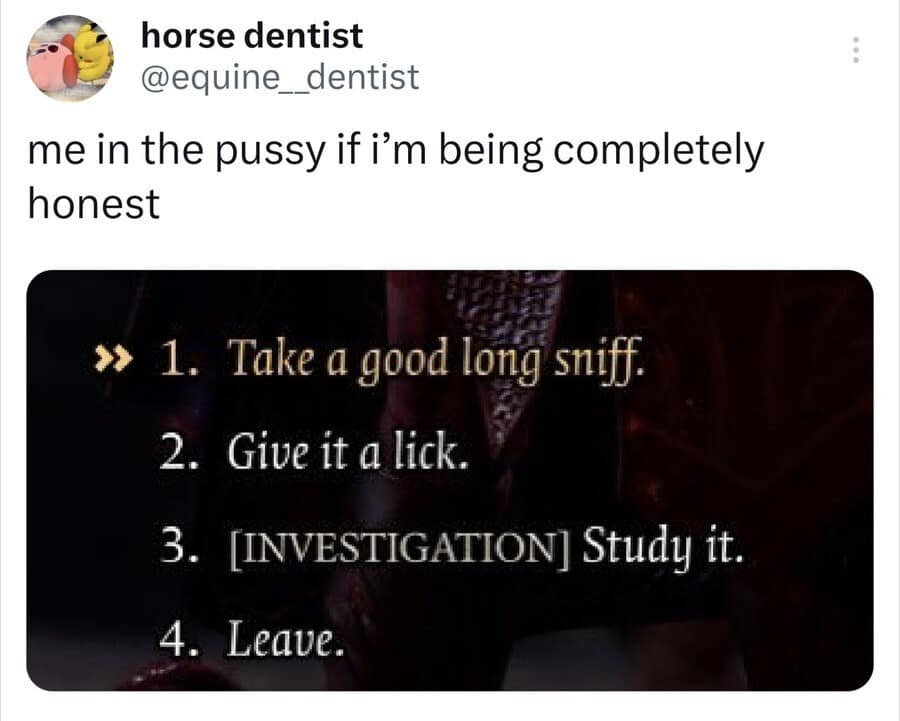Screenshot of fantasy RPG game dialogue options like "Take a good long sniff" and "Give it a lick", paired with a humorous sexual commentary tweet in one of the best memes.