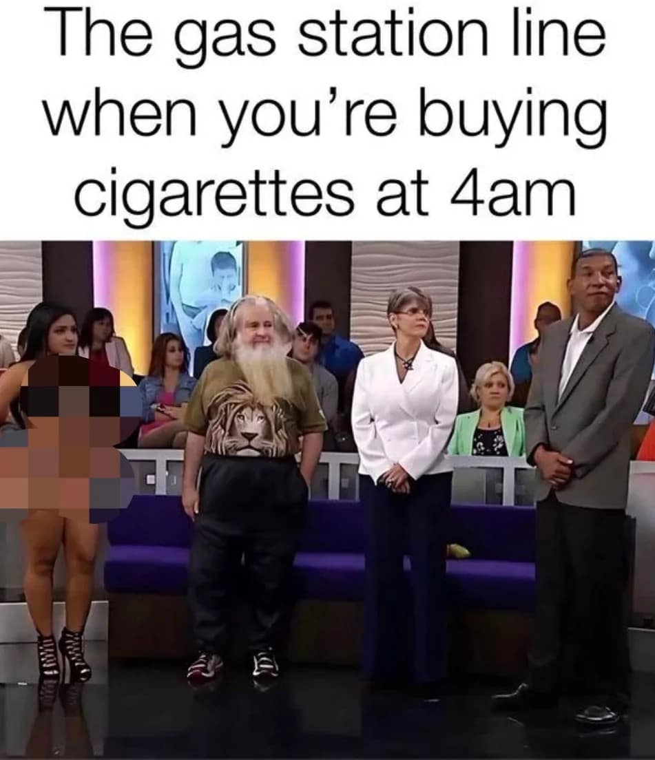 Bizarre talk show guest lineup representing the chaotic 4 AM gas station checkout line in a classic meme.