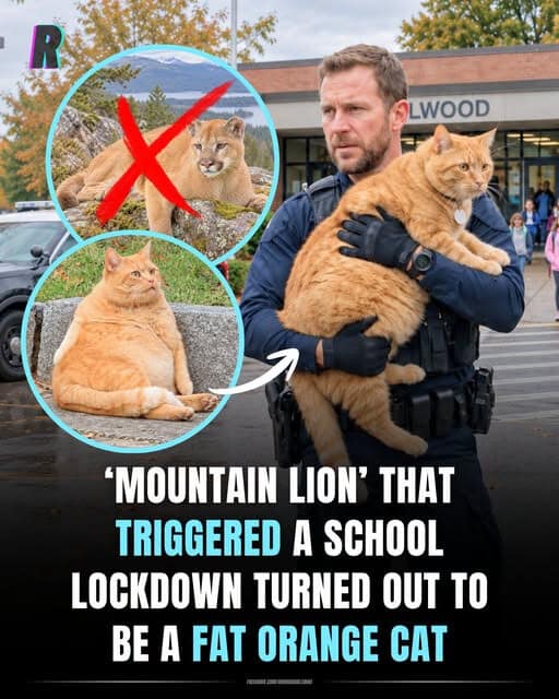 News report of a police officer holding a massive fat orange cat that accidentally caused a school mountain lion lockdown in a classic meme.