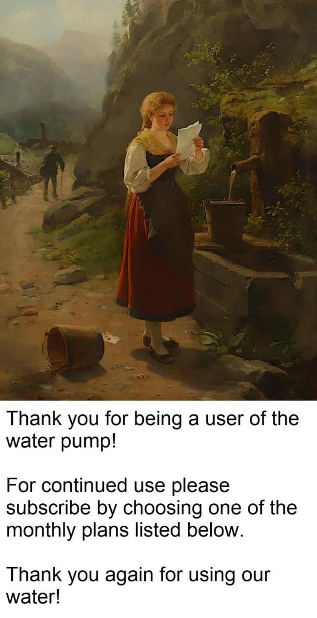 Woman reading a letter at a water pump, a classical art memes joke about water subscriptions.