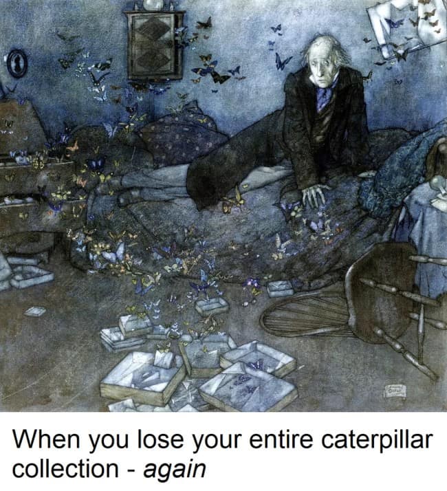 Illustration of a distraught old man surrounded by empty boxes as butterflies fill the room.