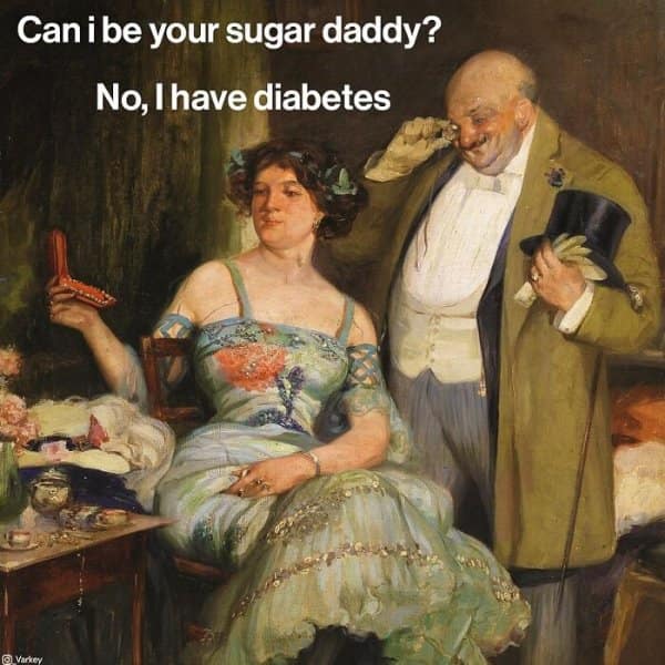 Vintage painting of an elderly wealthy gentleman leaning over an unimpressed lady, featuring a classical art meme pun about sugar daddies and diabetes.