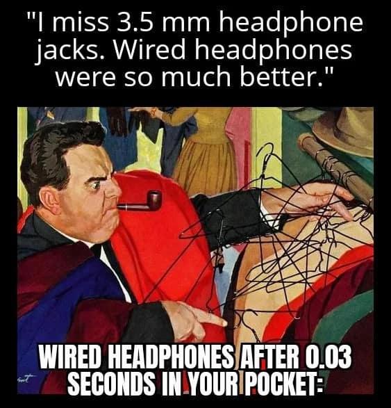 Classical art memes panel of a man tangled in hangers, compared to wired headphones in pockets.