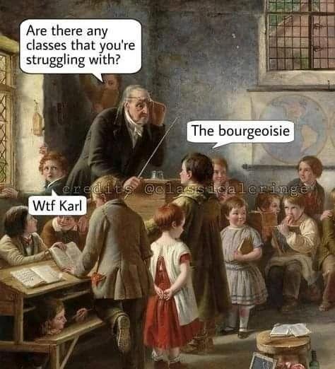 Schoolroom painting where a boy names the bourgeoisie as the class he struggles with.