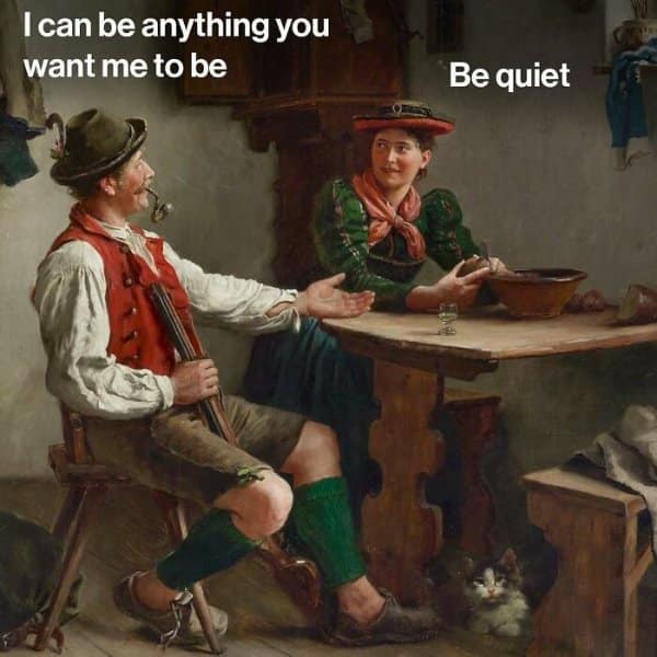 German folk painting of a huntsman flirting with a seated woman in a cottage, shut down by a classical art meme demand for total silence.