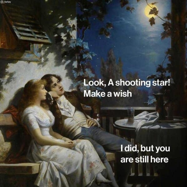 Moonlit balcony oil painting of a romantic couple, featuring a brutal classical art meme burn about failed shooting star wishes.