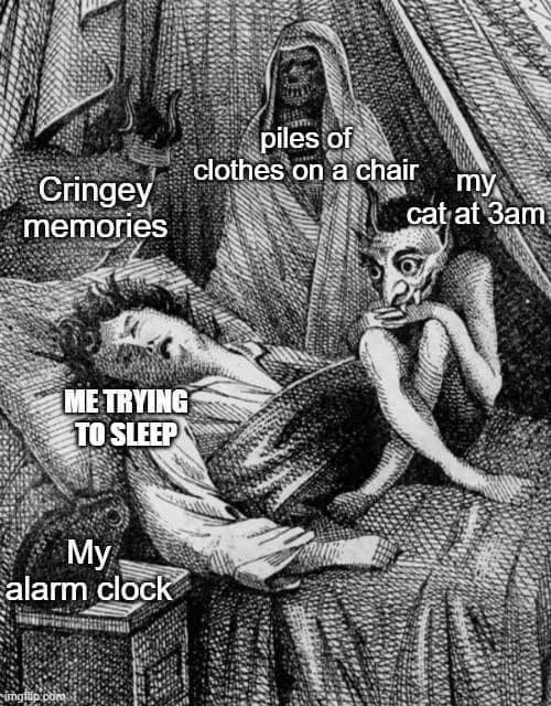 Engraving of a sleeper haunted by demons labeled memories, a clothes pile, a cat and an alarm.