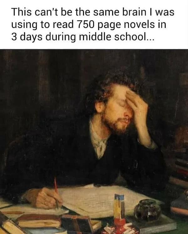 Painting of a frustrated writer holding his head over papers, lamenting his lost reading stamina.