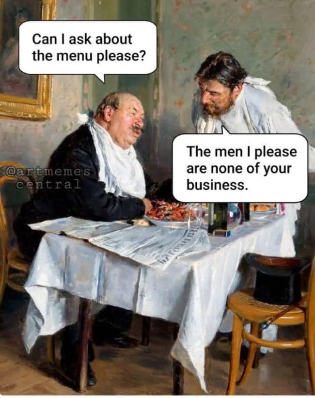 Waiter leans over a lobster-eating diner in a painting, punning on the phrase menu please.