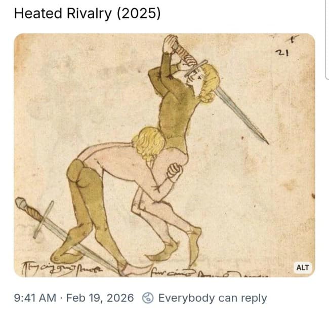Medieval wrestling manuscript drawing of two fighters grappling, jokingly captioned with a 2025 show title.