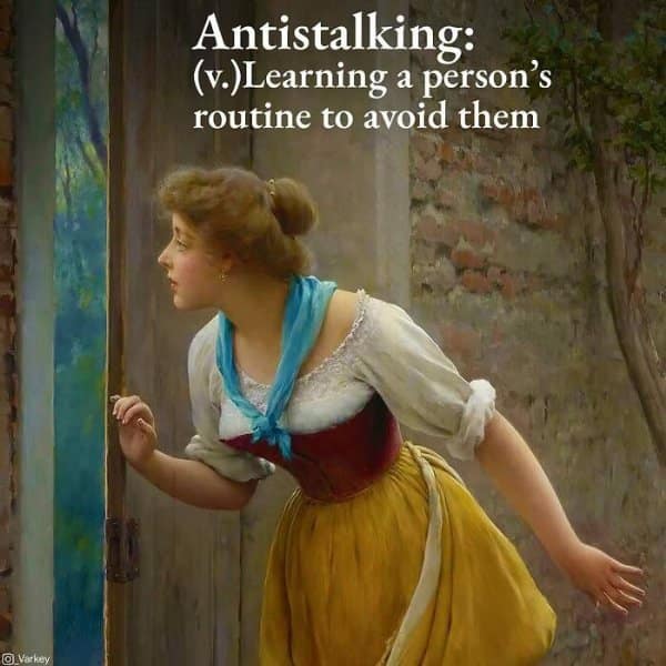 Classical painting of a woman peering cautiously around a wooden doorframe, defining 'antistalking' as avoiding people in a classical art meme.