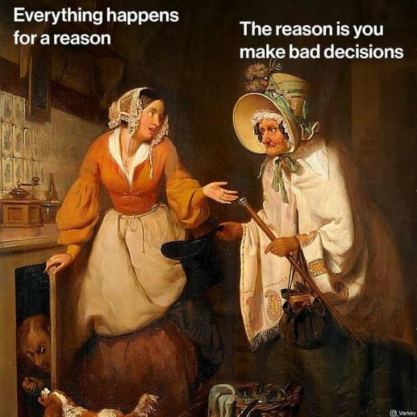 Oil painting of an old woman in a bonnet brutally shutting down a young woman's platitude about fate in a classical art meme.