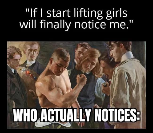 Painting of a shirtless strongman flexing while a crowd of admiring men looks on.