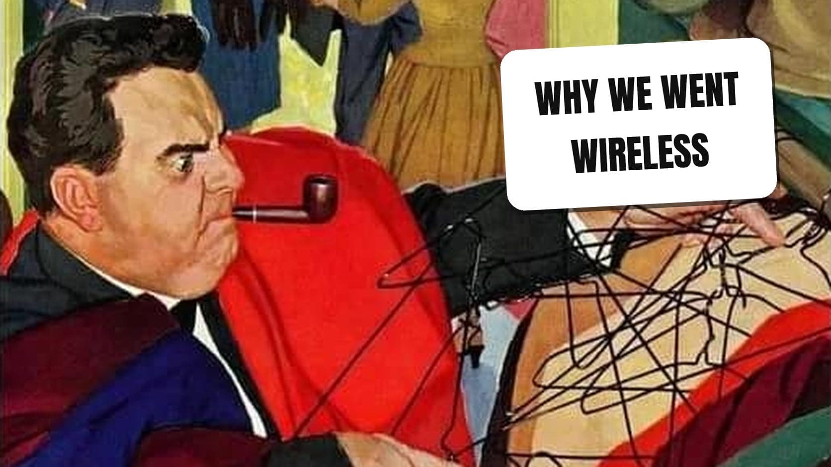 Vintage painting of a pipe-smoking man tangled in wire hangers, one of the classical art memes about pocket headphones.