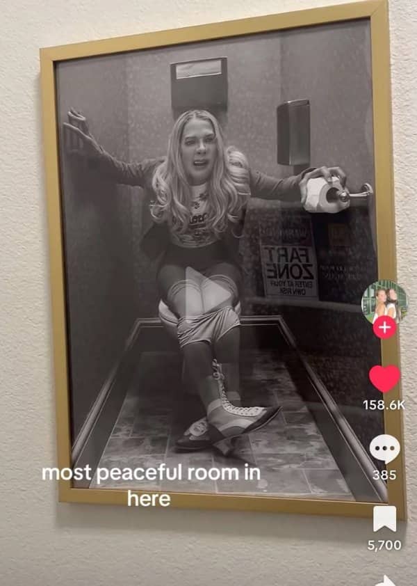 Framed black and white bathroom photo hanging on a wall with a joking caption overlaid