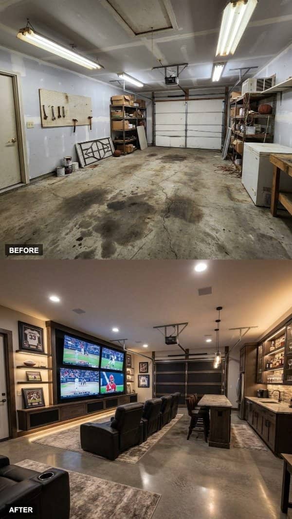 Before and after photos of an oil stained garage rebuilt into a home theater lounge