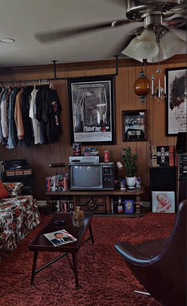 Wood paneled room with a vintage television, VCR, shag carpet and horror movie posters