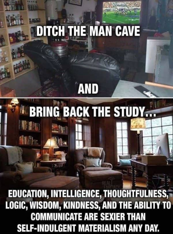 Two panel meme arguing that a wood paneled study is better than a man cave