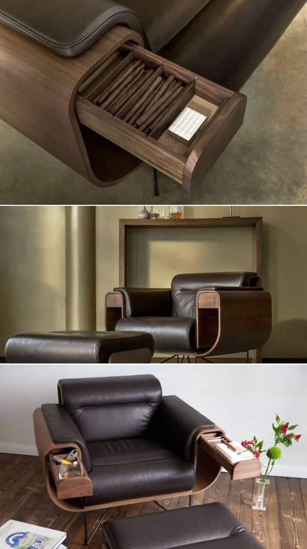Leather armchair with built in wooden compartments holding cigars, a lighter and an ashtray