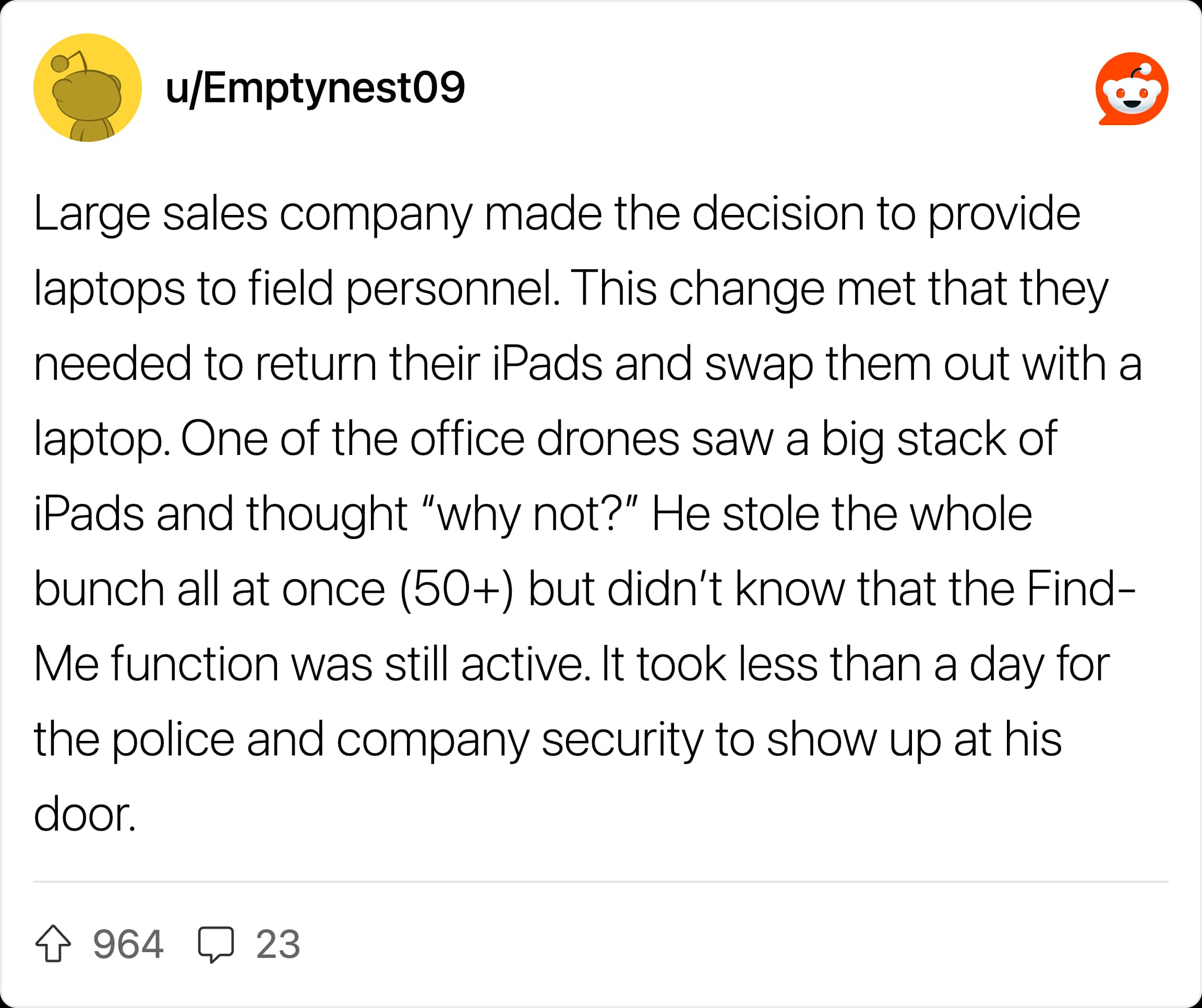 Reddit post explaining how a coworker got fired for stealing company iPads with active trackers.