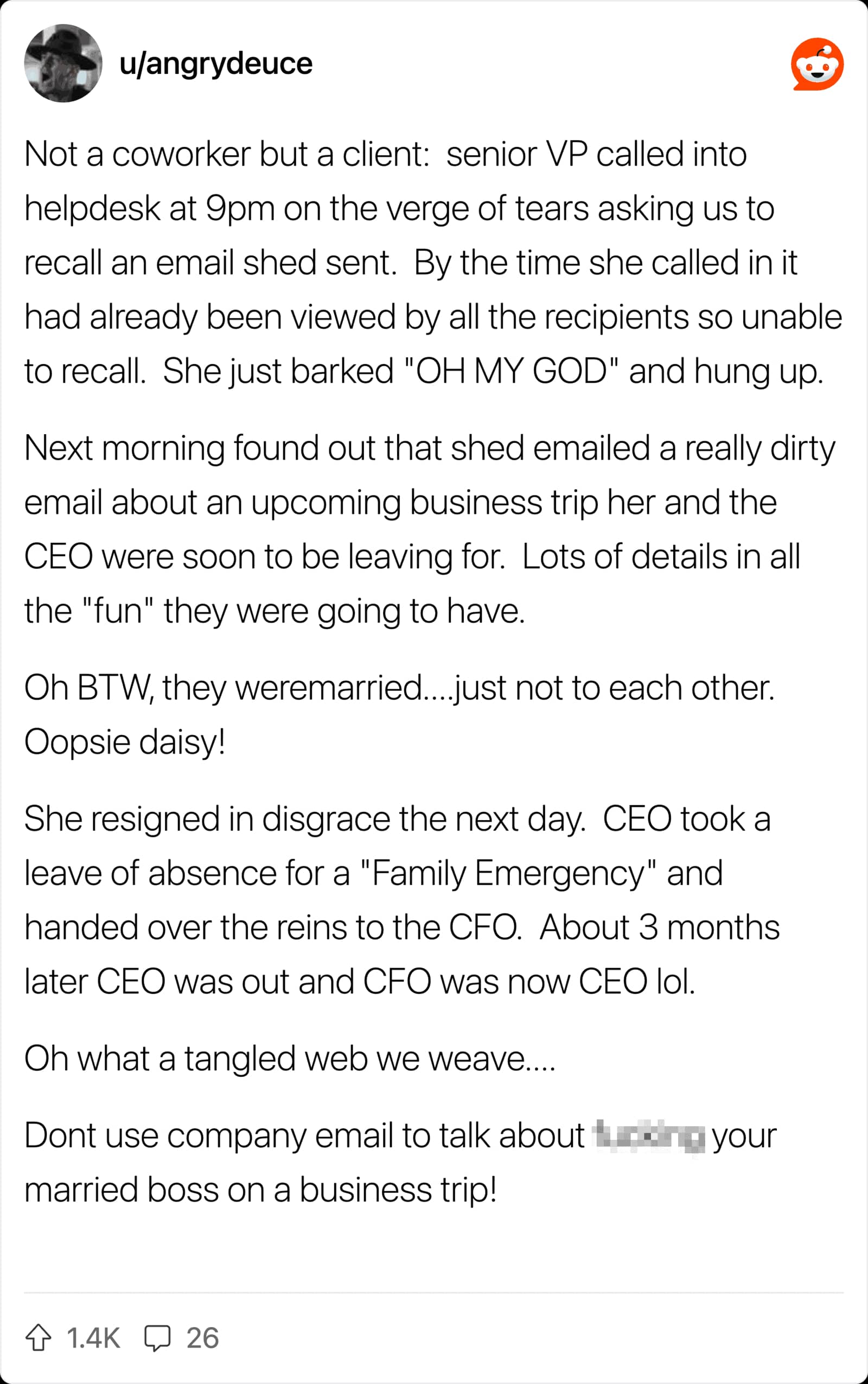 Story about a client coworker who got fired after emailing explicit affairs to the company.