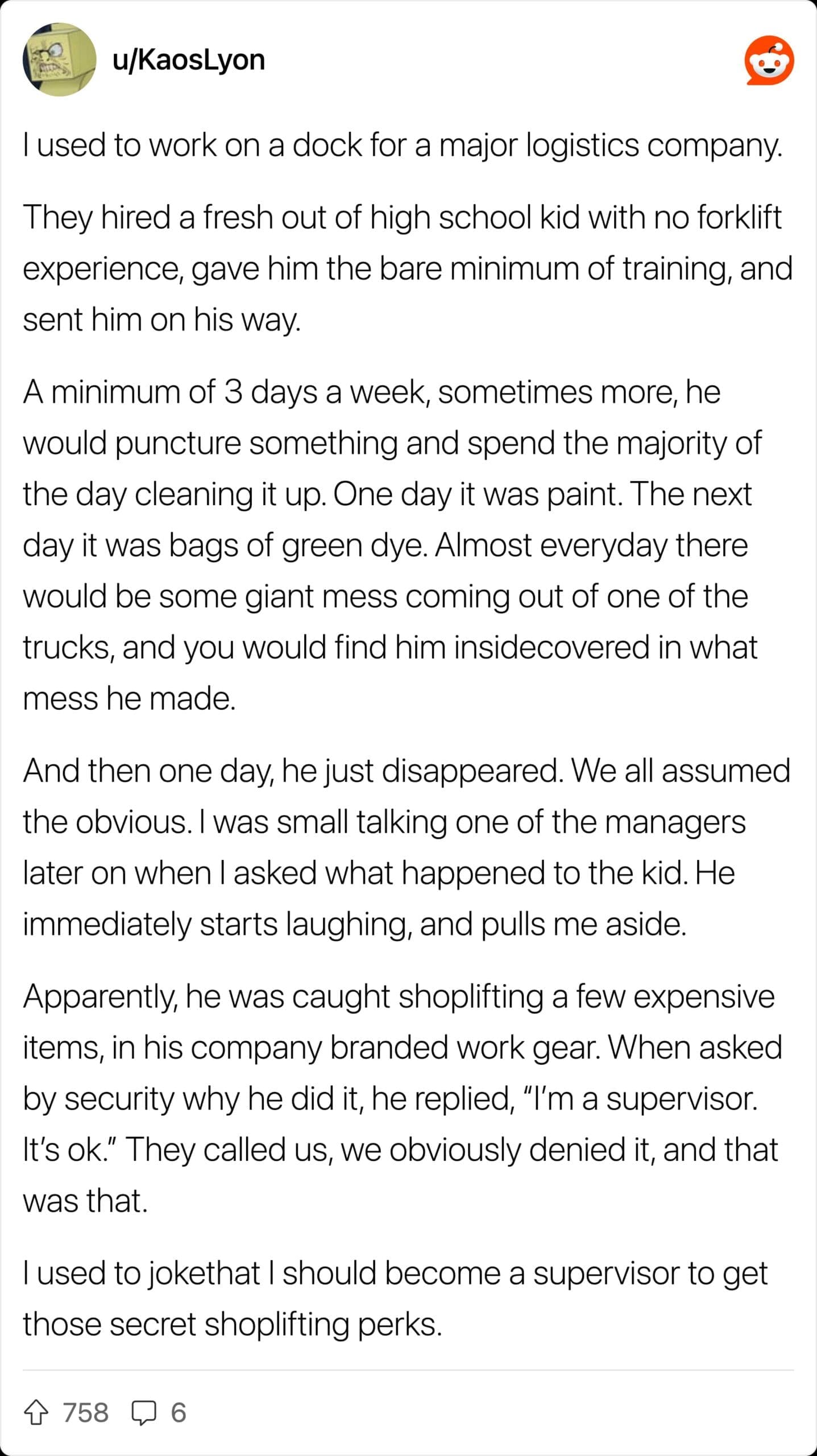 Anecdote detailing why a logistics coworker got fired for shoplifting in branded company work gear.