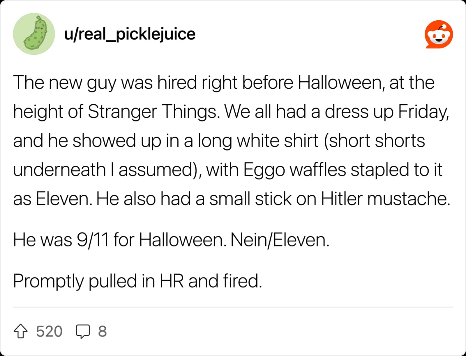Halloween party disaster where a coworker got fired for wearing a highly offensive offensive costume.