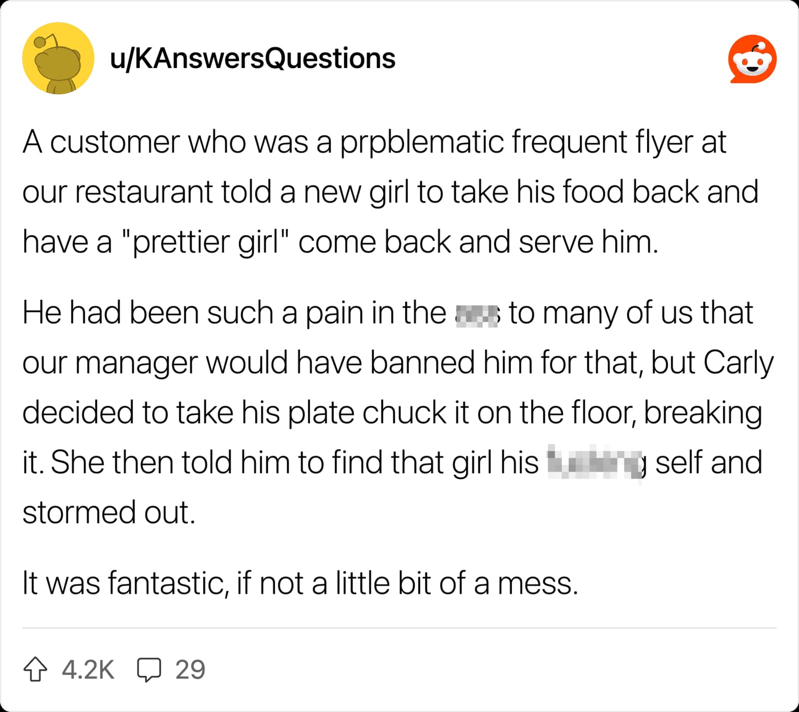 Restaurant tale about how a waitress coworker got fired after smashing plates for rude customers