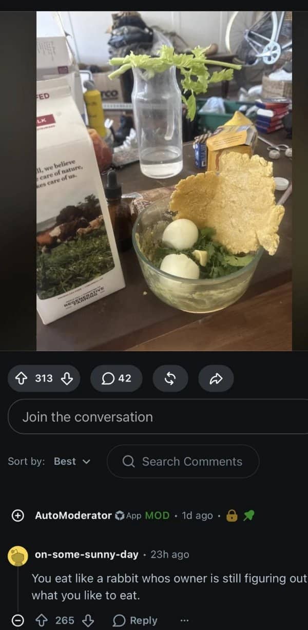 Unusual rabbit-style meal prep bowl receiving creative insults on social media comment sections.