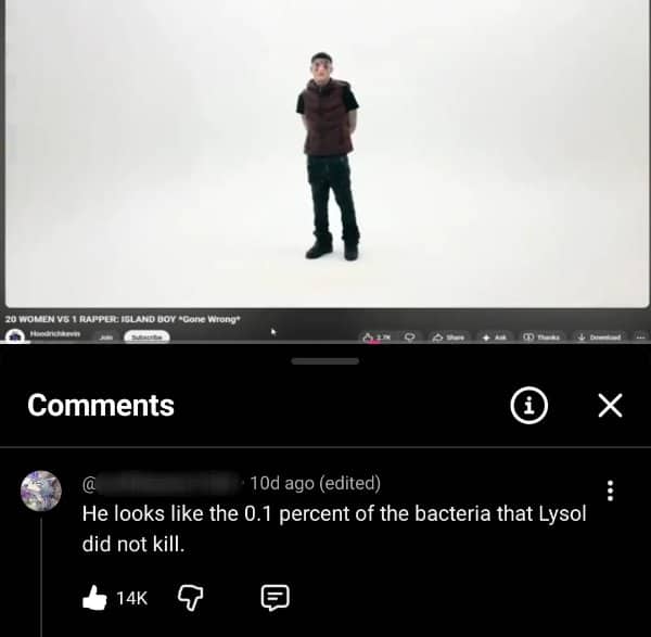 A lonely video frame getting hit with creative insults about surviving household cleaning sprays.