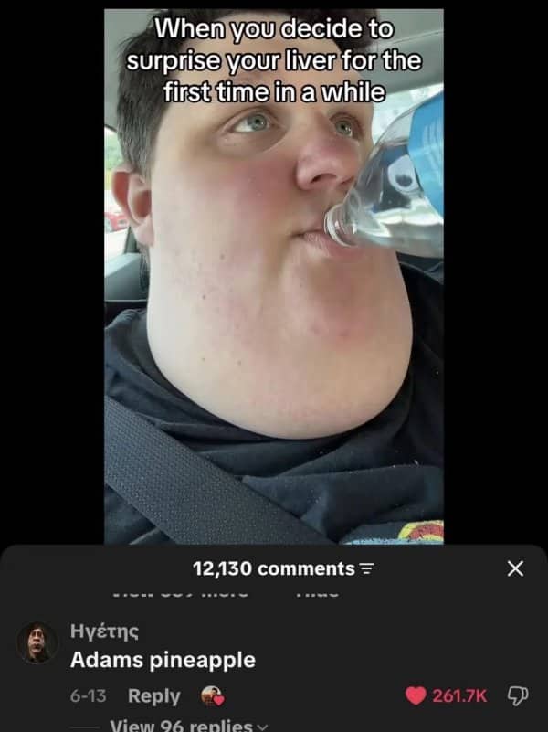 A man drinking water while facing creative insults about his unusually shaped throat anatomy.