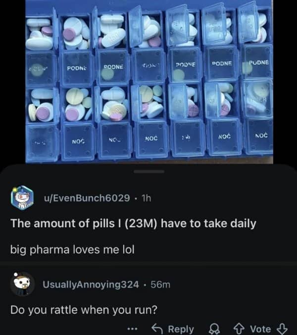 A monthly pill organizer box receiving creative insults regarding rattling while running outdoors daily.