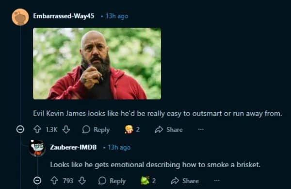 An action movie character meme targeted with creative insults about smoking barbecue briskets emotionally.