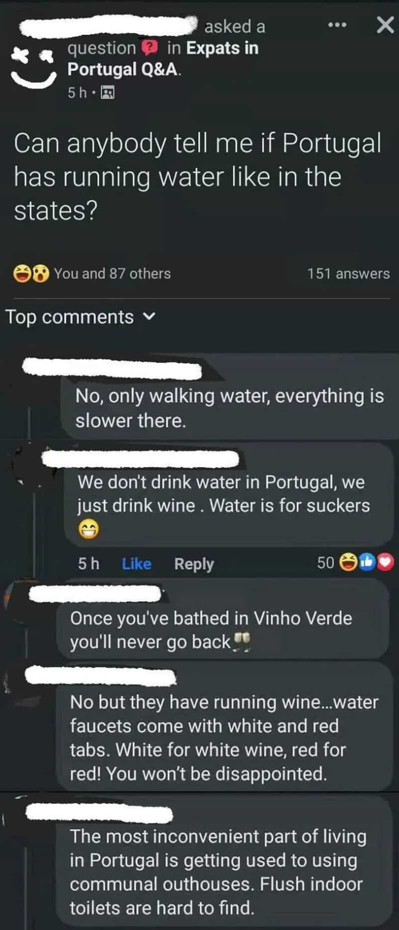 Facebook expat group screenshot asking if Portugal has running water, getting sarcastically destroyed by locals in a cringe meme.