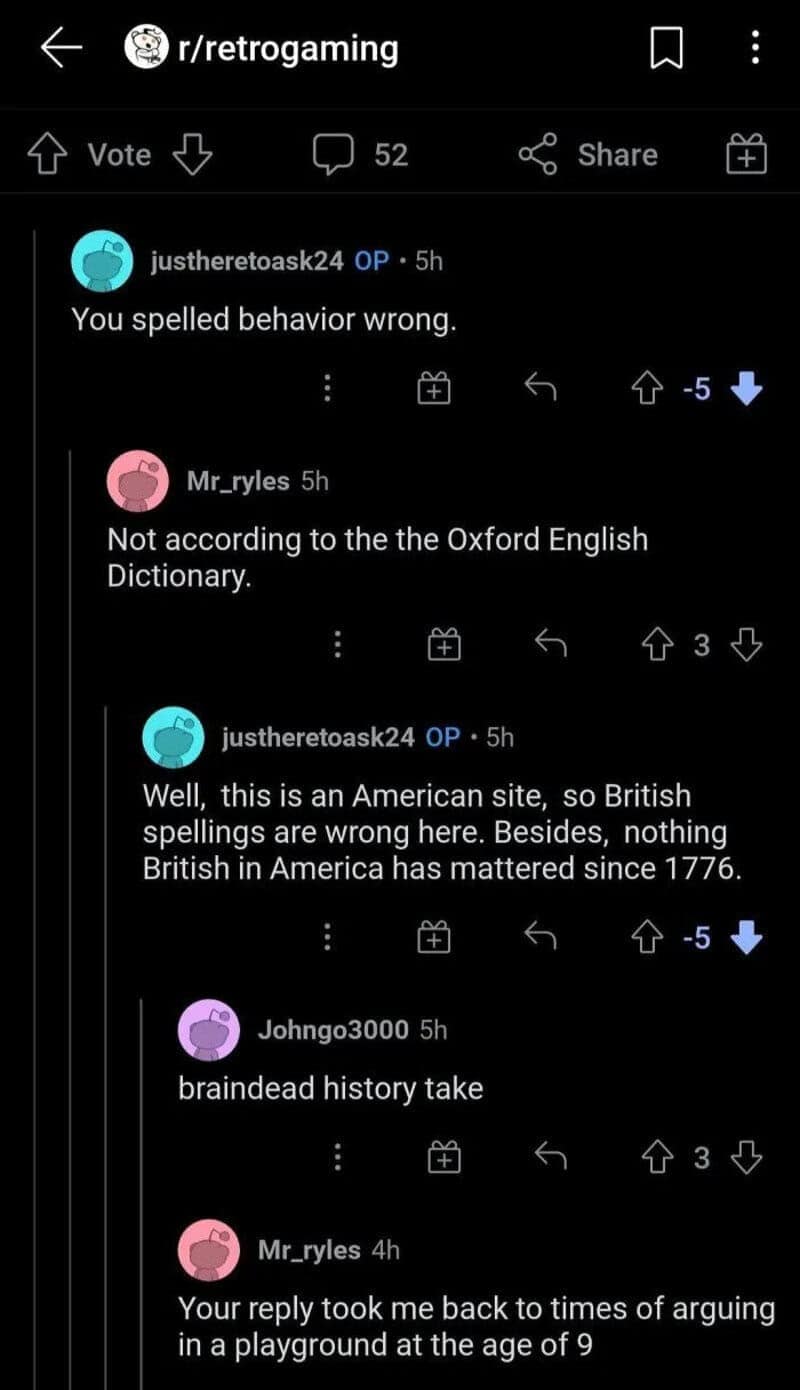 Reddit argument about British versus American spelling that devolves into 1776 Revolutionary War quotes as a cringe meme.