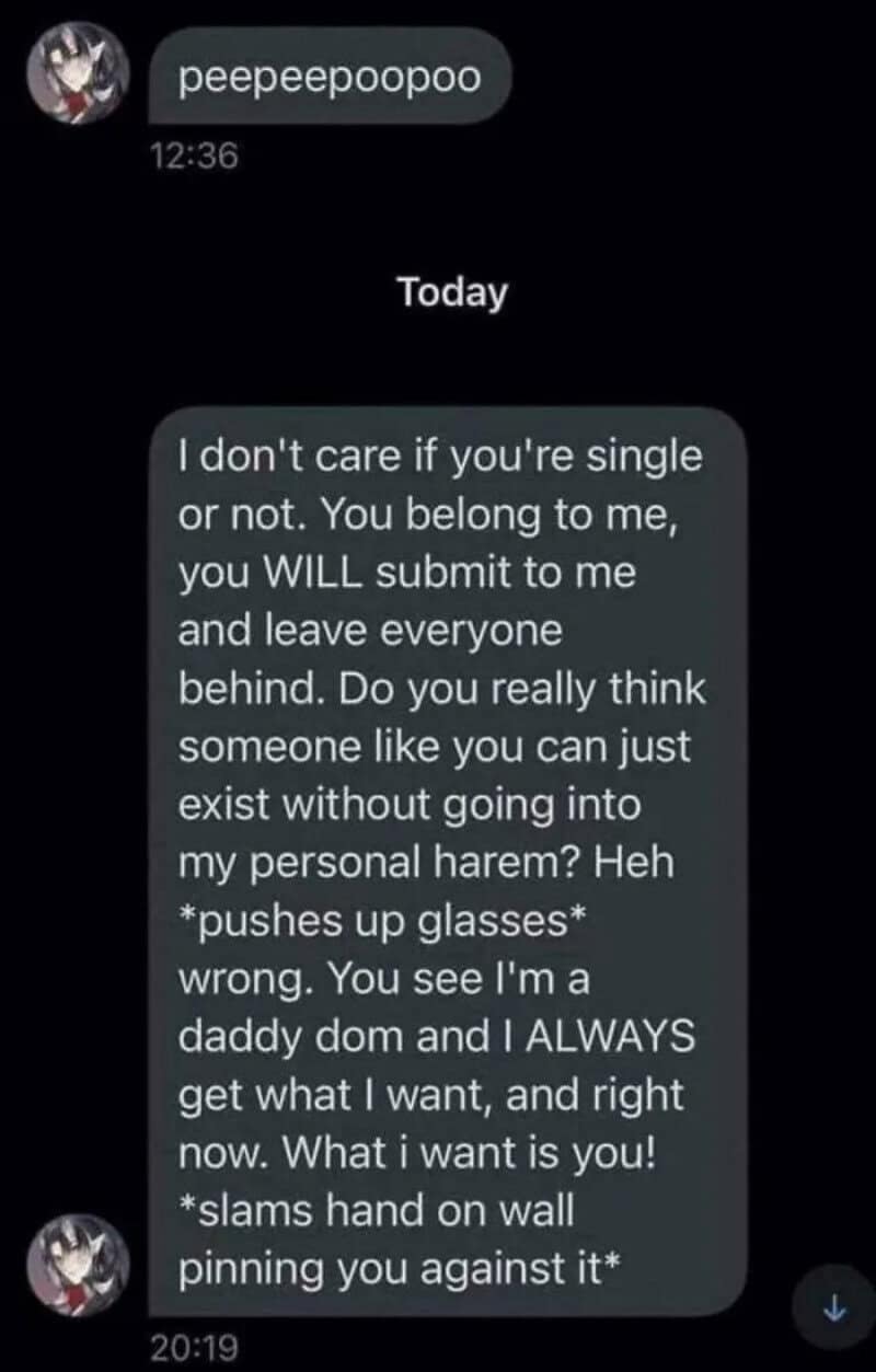 Unhinged DM text exchange from user 'peepeepoopoo' roleplaying anime harem tropes and wall-pinning as a cringe meme.