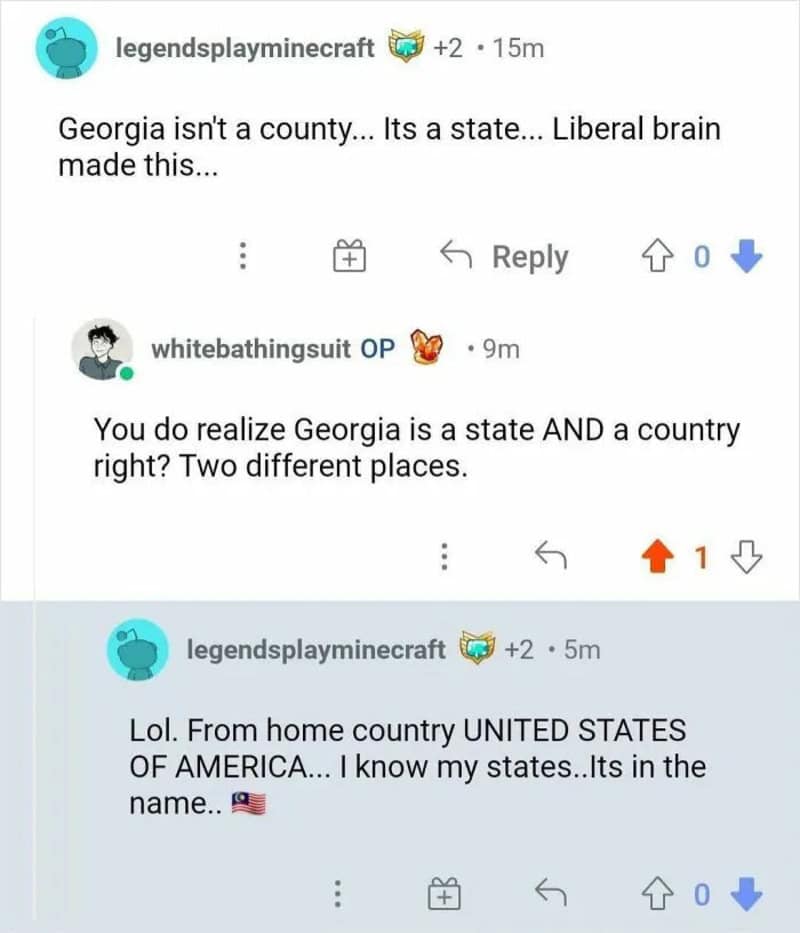 Reddit comment thread showing a user aggressively arguing that Georgia is only a US state while using the Liberian flag emoji instead of the American flag in a cringe meme.