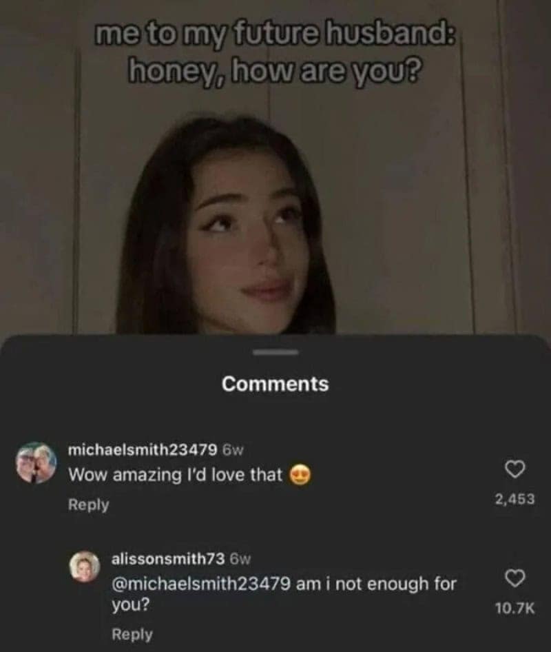 Comment section screenshot catching a husband flirting on a Reel while his wife replies directly below in a cringe meme.