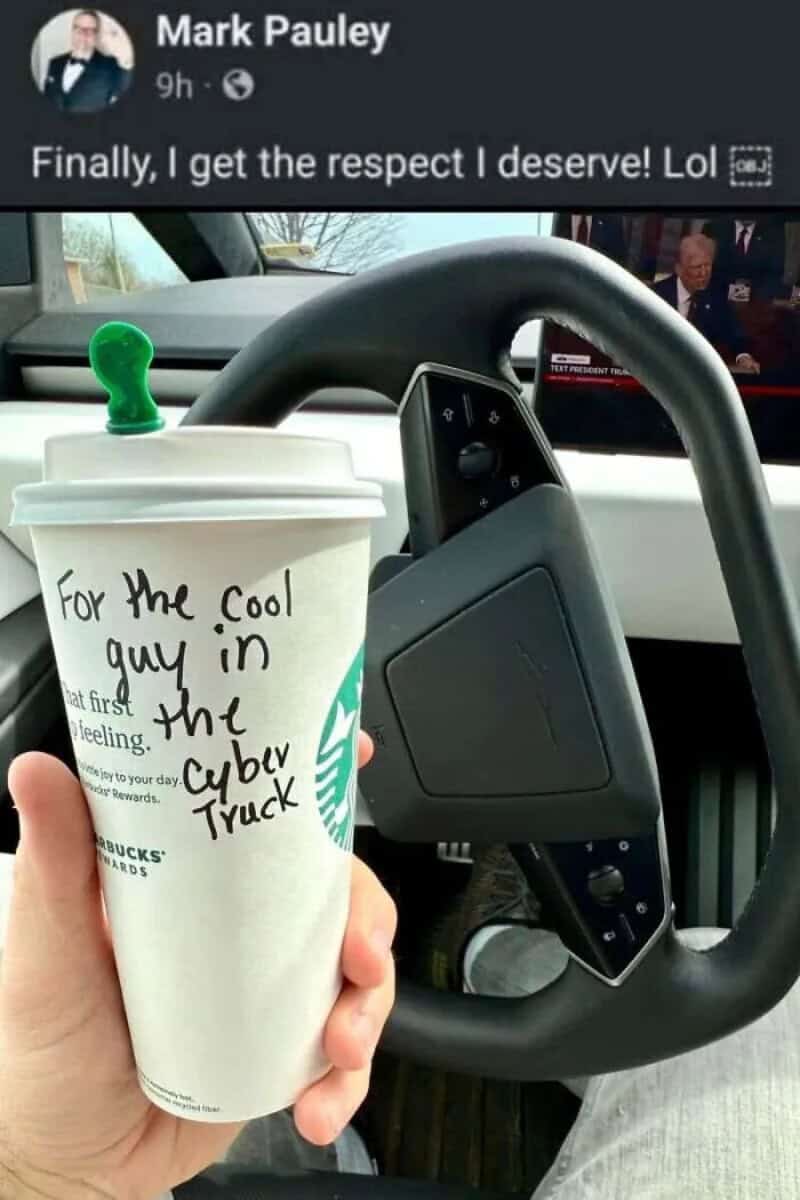 Facebook post of a Tesla Cybertruck driver showing off a Starbucks cup where he wrote 'For the cool guy in the Cybertruck' on it himself in a cringe meme.